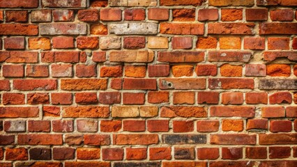 Naklejka premium Rustic, worn, and weathered old red brick wall background with a panoramic wide texture, featuring faded mortar lines and subtle cracks.