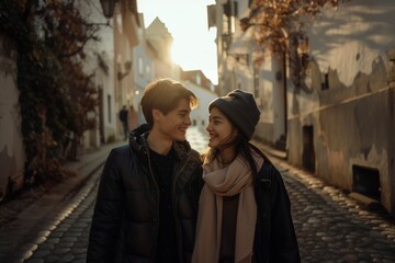 Cheerful couple enjoys a quaint street stroll. generative ai