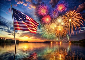 Vibrant American flag waves proudly in foreground as colorful fireworks explode in night sky, casting patriotic hues and reflections on rippling water below.