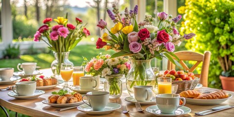 Morning Delight A Sunlit Table Setting with Croissants, Coffee, and a Bouquet of Spring Flowers, table setting , breakfast , outdoor , floral arrangement
