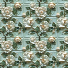 Glazed ceramic tiles with roses seamless patterns. White and tea roses flowers relief decorative background. Digital painting illustration. Floral ornament.  Graphic design art. AI artwork.