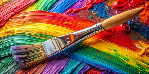 Obraz premium Paintbrush on Rainbow Palette, Colorful Strokes, Art Supplies, Creative Tools, Artist Studio