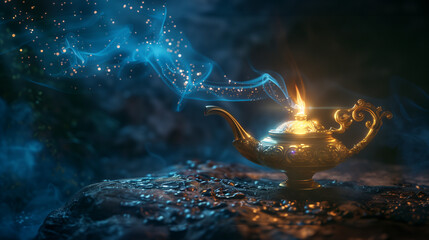 Magical golden lamp emitting glowing blue smoke and sparks. Ornate oil lamp on dark surface with mystical aura for a fairytale. Enchanted object in mysterious atmosphere, for fantasy concept wallpaper