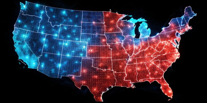 Vibrant electoral map of the United States displays election results, with red and blue states illuminated against a dark background, highlighting political divisions.