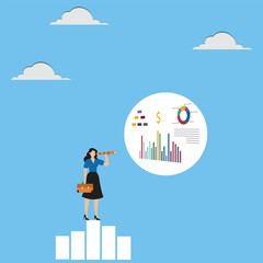 Forecast or prediction to see or analyze future opportunity, forwarding data analysis, leadership vision or discover investment plan concept, businesswoman look through telescope to see forecast chart