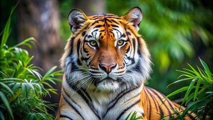 Fototapeta premium A tiger relaxes in vibrant green foliage, showcasing its striking fur and keen gaze while surrounded by nature