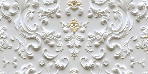 Seamless 3D elements of White and Golden luxury design Baroque Classical Relief Panel on Wall. Refined Gothic-inspired Stucco Molding With Floral Motifs. A Marble Carving in Late Ottoman Style.