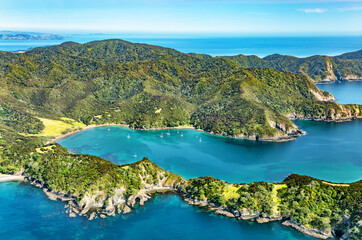 Obraz premium Aerial view of Te Rawhiti Inlet, North Island, New Zealand, Oceania.