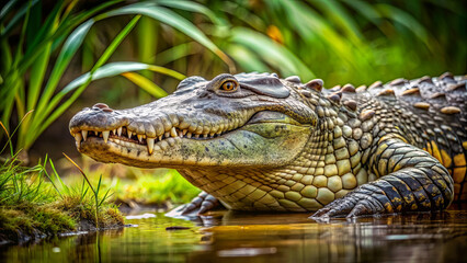Obraz premium A crocodile basks on the riverbank, partially submerged in water, with vibrant green foliage framing its surroundings in the soft morning light