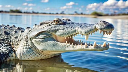 Naklejka premium A crocodile relaxes on the water's surface, displaying its powerful jaws and sharp teeth while enjoying the warm afternoon sun