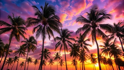 Silhouetted Palm Trees Against a Vibrant Sunset Sky, Photography, Tropical Landscape, Palm Trees, Sunset, Sky