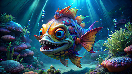 A vibrant and whimsical fish joyfully swims through coral reefs, surrounded by bubbles and colorful marine life in a serene underwater setting