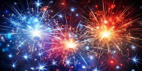 Fototapeta premium Vibrant red, white, and blue glittering sparks explode on a dark background, symbolizing freedom, patriotism, and celebration, perfect for voting, memorial, Labor Day, and election themes.