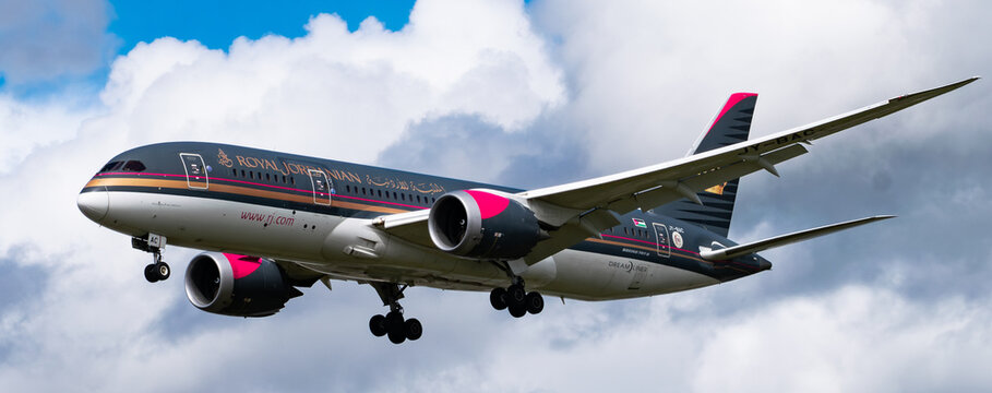 Royal Jordanian Airlines Airbus passenger plane landing at Heathrow Airport. London, UK, July 6 2024.