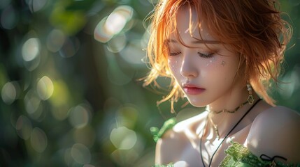 Fototapeta premium A serene moment captures a model lost in thought amidst vibrant foliage