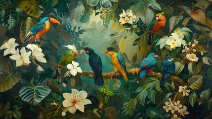 Tropical Paradise Colorful Parrots Amidst Lush Foliage