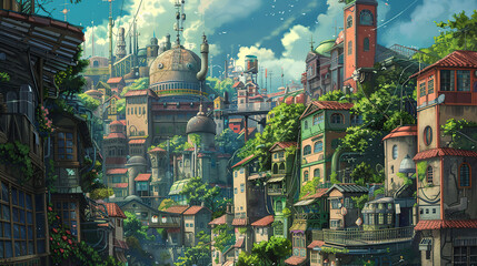 he cuntry, generative ai, landscape, architecture, curtoone, chasny house, background, art nouveau, city, skyline, skyscraper, building