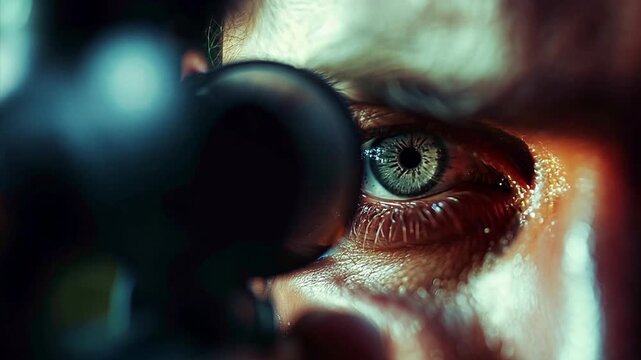 Macro close up pushing towards a man's hazel eye as he aims down the scope of a rifle.