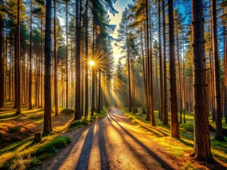 Fototapeta premium Warm sunlight filters through towering pine trees, casting dappled shadows on a winding forest path, evoking a sense of tranquility and peacefulness in nature's serene atmosphere.