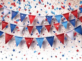 Obraz premium Vibrant patriotic bunting and colorful confetti pieces cascade downward, scattered against a crisp white background, evoking a sense of joyful celebration and national pride.