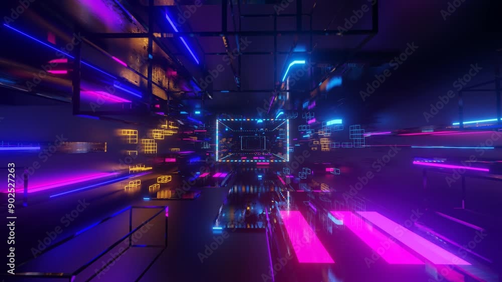 Aufkleber abstract frames and boxes. fly through technology cyberspace with neon glow. sci-fi flight through h