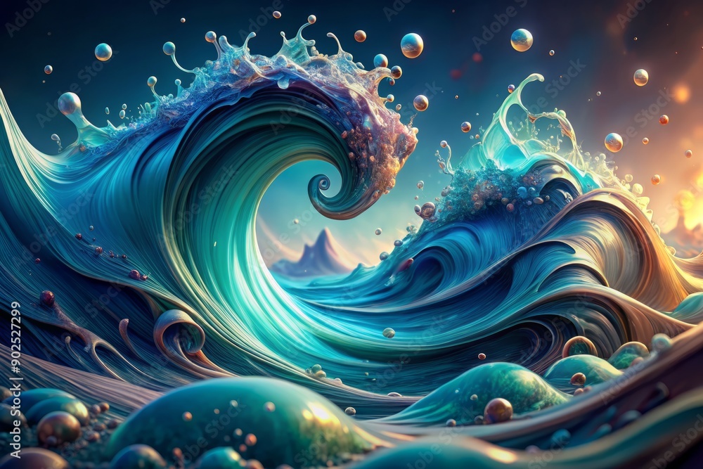 Poster vibrant indigo and teal liquid waves collide and intertwine, forming a mesmerizing 3d abstract artwo