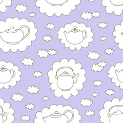 Cute doodle black and white kettle seamless pattern. Cloud shapes retro background. Good for printing wrapping scrapbooking paper, textile, fabric.