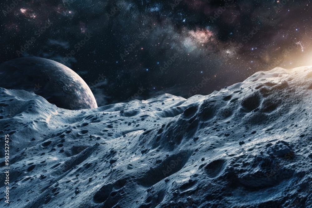 Poster a view of a planet from the lunar surface, featuring craters and mountains