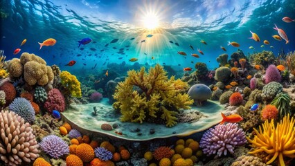 Vibrant coral reef ecosystem teems with diverse fish species, seaweed, and sea fans, surrounding viewer in an immersive 8K VR 360-degree spherical underwater panorama.
