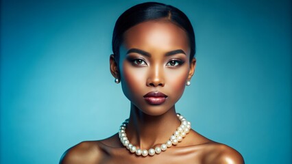 Glowing flawless skin of a stunning black Asian young woman shines against a bright blue background, highlighting artistic pearl cosmetics' radiant beauty essence.