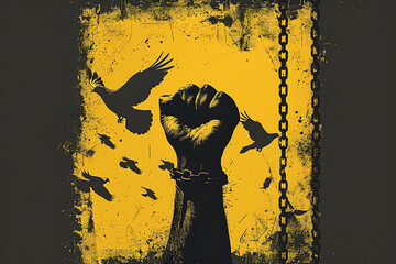 hand breaking free from chains. Chain turns to birds. 3D Rendering