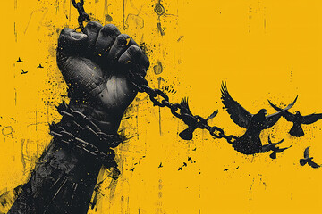 hand breaking free from chains. Chain turns to birds. 3D Rendering
