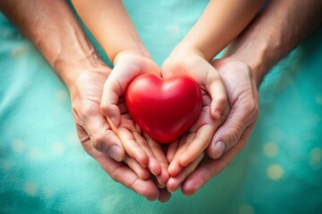 A pair of adult and child hands cradle a bright red heart on a calming aqua background, conveying love, care, and unity for heart health awareness and charitable initiatives.