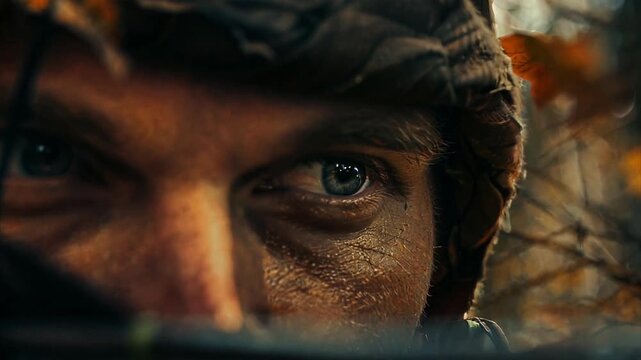 Macro close up pushing towards a male hunters eye as he aims a bow and arrow at a target.