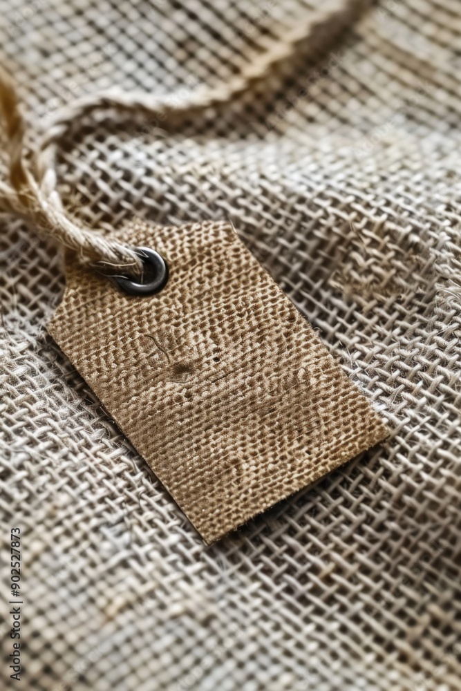 Poster a simple label with earthy tones placed on natural burlap fabric, suitable for rustic or vintage the