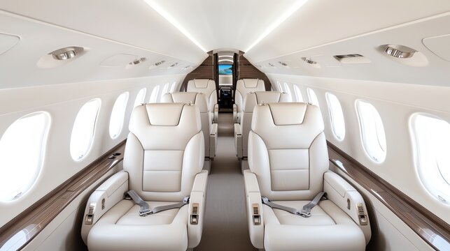 Interior of a luxurious private jet featuring elegant seating and modern design in a spacious cabin environment.