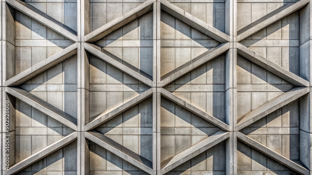 Poster Modern architectural detail featuring a smooth concrete wall with an intricate symmetrical pattern of intersecting lines and shapes in a neutral gray tone.
