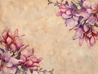 Watercolor Magnolia Flowers on Vintage Paper Background