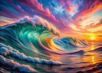 Vibrant undulating waves on water converge in an abstract composition of pastel hues, showcasing fluid dynamics and optical illusions in a mesmerizing digital art rendering.