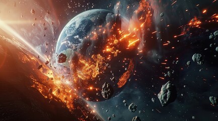 Earth Impacted by Asteroids in Space