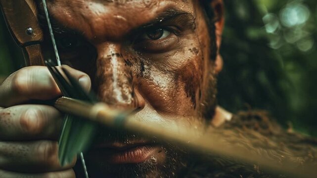 Macro close up tracking a male hunters eye as he aims a bow and arrow at a target.