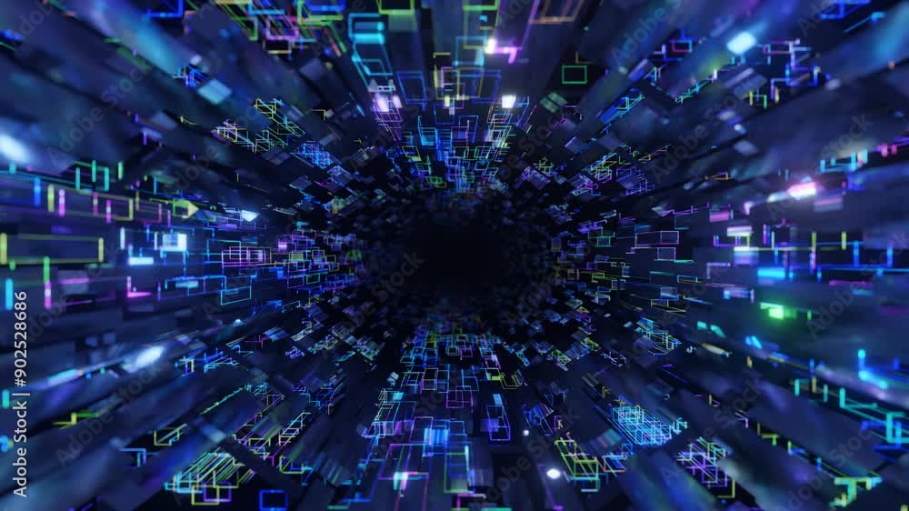 Poster glow boxes. 4k seamless looped animation. fly through mirror tunnel with neon pattern, glow lines fo