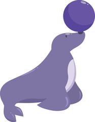 Circus seal balancing a purple ball on its nose, performing a trick