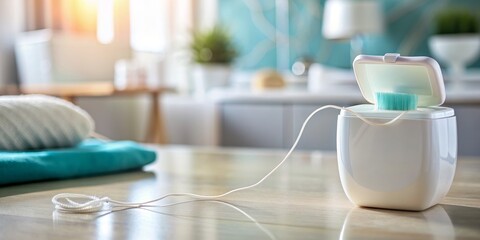 White Floss Container on Wooden Table, Bathroom, Oral Hygiene, Dental Care, Flossing