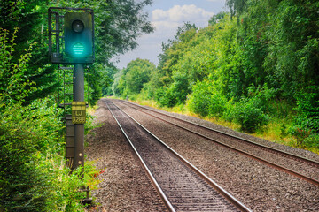 British rail train on tracks at station, England, UK