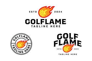 golf club with ball and flame logo design for golfer and tournament.  golf professional with ball and fire shot sign symbol modern logo. golf sport emblem badge logo illustration