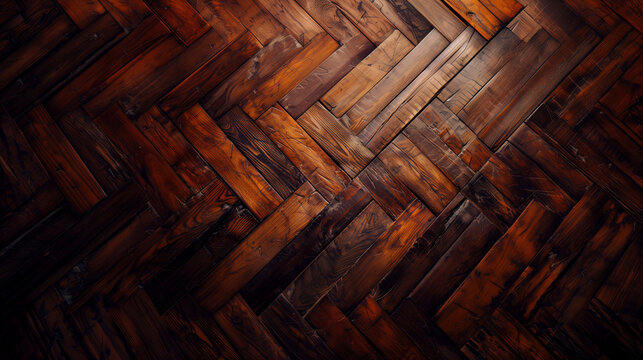 Old wooden parquet pattern from planks. Rustic abstract dark wood texture background