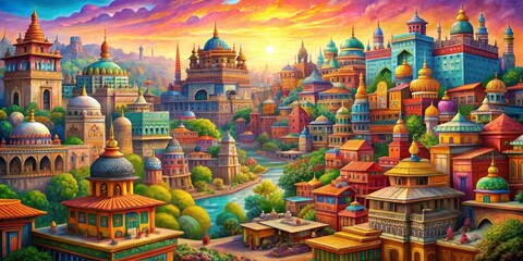 Fototapeta premium A Colorful Cityscape with Domes, Mosques, and a River at Sunset, Digital Painting, Cityscape, Architecture, Sunset