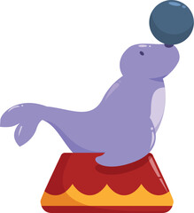Trained seal balancing a ball on its nose while performing on a circus stage