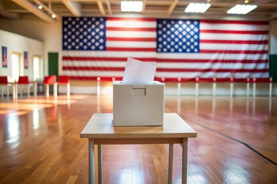 Empty polling place scene with a ballot box and a single envelope on the edge, waiting to be deposited, symbolizing democracy in action.